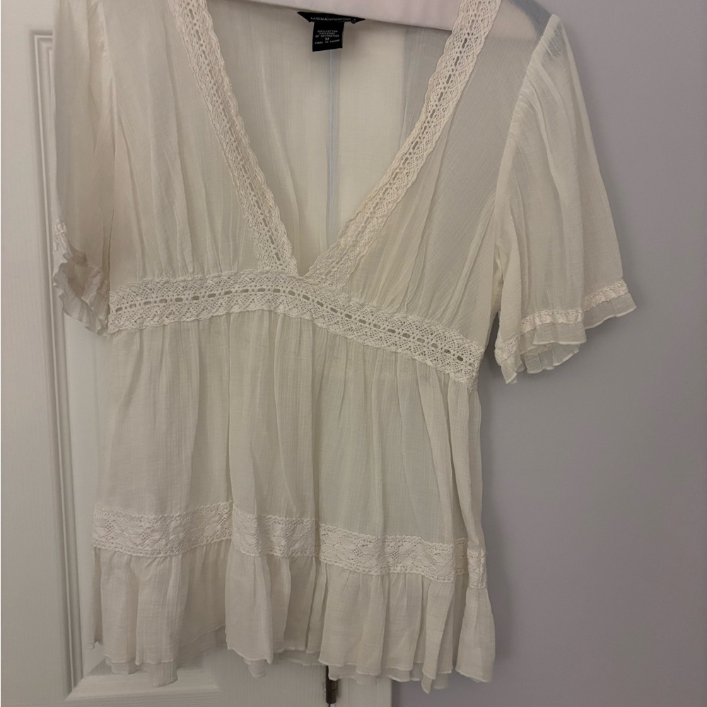 Moda International Cream Lace-Trim V-Neck Peasant Top